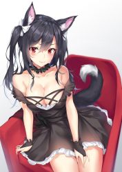 Rule 34 | &gt;:), 1girl, animal ear fluff, animal ears, azur lane, bare shoulders, black dress, black hair, blush, bow, breasts, bridal gauntlets, cleavage, closed mouth, collarbone, commentary request, dress, fang, fang out, frilled dress, frills, gradient background, grey background, hair between eyes, hair bow, highres, large breasts, looking at viewer, off-shoulder dress, off shoulder, pdxen, red eyes, shigure (azur lane), shigure (the ballroom&#039;s lucky star) (azur lane), short dress, sitting, smile, solo, tail, tail raised, twintails, v-shaped eyebrows, white background, white bow, wolf ears, wolf girl, wolf tail