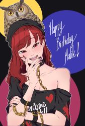 Rule 34 | 1girl, animal, animal on head, bare shoulders, bird, bird on head, black nails, breasts, cleavage, clothes writing, collar, collarbone, happy birthday, hecatia lapislazuli, highres, looking at viewer, medium breasts, medium hair, mefomefo, on head, open mouth, owl, puffy short sleeves, puffy sleeves, red eyes, red hair, shirt, short sleeves, smile, solo, t-shirt, touhou, upper body