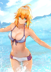 Rule 34 | 1girl, ahoge, alternate costume, artoria pendragon (all), artoria pendragon (fate), bikini, bikini shorts, blonde hair, blue ribbon, breasts, cleavage, closed mouth, collarbone, cowboy shot, day, fate/stay night, fate (series), front-tie bikini top, front-tie top, green eyes, hair between eyes, halterneck, looking at viewer, medium breasts, medium hair, navel, ocean, outdoors, ribbon, saber (fate), shorts, smile, solo, standing, summer, swimsuit, thigh gap, wading, white bikini, xleontan