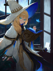 Rule 34 | 1girl, absurdres, black dress, blonde hair, book, bow, bowtie, braid, breasts, brooch, bug, butterfly, cloak, dress, fate/grand order, fate (series), full moon, glasses, gold trim, green eyes, hat, highres, insect, jewelry, long hair, long sleeves, looking at viewer, medium breasts, moon, night, night sky, round eyewear, side ponytail, sky, smile, sn2 bu, solo, aesc (fate), aesc (rain witch) (fate), two-tone dress, white cloak, white dress, white hat, wide sleeves, window, witch hat