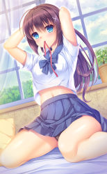 Rule 34 | 1girl, arms behind head, bed sheet, black panties, blue bow, blue bowtie, blue eyes, blue skirt, blush, bow, bowtie, breasts, brown hair, cloud, cloudy sky, commentary request, curtains, day, hair between eyes, hair ribbon, highres, indoors, long hair, looking at viewer, medium breasts, mouth hold, navel, original, panties, pantyshot, pillow, plant, pleated skirt, potted plant, ribbon, ribbon in mouth, school uniform, serafuku, shirt, short sleeves, sidelocks, sitting, skirt, sky, solo, umitonakai, underwear, wariza, white shirt, window