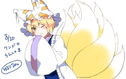Rule 34 | 1girl, ;), animal ears, blonde hair, blush, commentary, fox ears, fox tail, hands in opposite sleeves, hat, looking at viewer, mob cap, multiple tails, one eye closed, short hair, signature, smile, solo, tabard, tail, touhou, translated, wide sleeves, yakumo ran, yellow eyes, yururi nano