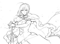 Rule 34 | 1girl, ahoge, artoria pendragon (fate), cape, dress, fate/stay night, fate (series), fur trim, greyscale, hands on hilt, juliet sleeves, lineart, long sleeves, monochrome, planted sword, planted, puffy sleeves, saber (fate), solo, sword, weapon, xplete
