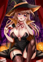 Rule 34 | 1girl, areola slip, bat hair ornament, black dress, blush, breasts, brown hair, cape, cleavage, collarbone, cup, dress, garter straps, hair ornament, halloween, hat, head tilt, highres, holding, holding cup, knee up, kuro (tbm9187), large breasts, long hair, looking at viewer, neck ribbon, open mouth, original, pouring, pouring onto self, ribbon, sitting, smile, solo, thighhighs, two side up, witch, witch hat