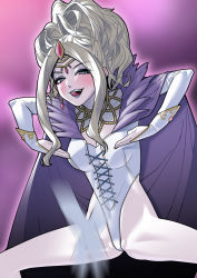 Rule 34 | 1girl, blonde hair, bodysuit, breasts, circlet, cleavage, colored skin, dragon quest, dragon quest xi, green eyes, hand gesture, hand on own hip, highres, huge nipples, krystalinda, leotard, lips, lislette (dq11), lizlette, long hair, looking at viewer, looking down, medium breasts, pink background, raised eyebrows, rom no hito, smile, solo, spread legs, tagme, tongue, tongue out, white skin