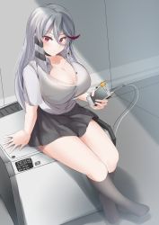 Rule 34 | 1girl, breasts, cleavage, closed mouth, controller, from above, grey background, grey hair, hair between eyes, highres, holding, holding remote control, huge breasts, j yak47, kneehighs, large breasts, long hair, multicolored hair, no shoes, open clothes, open shirt, original, red eyes, red hair, remote control, sitting, skirt, socks, solo, streaked hair