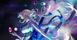 Rule 34 | 1girl, absurdres, blonde hair, blue nails, breasts, closed eyes, dark-skinned female, dark skin, earrings, hair down, hair ornament, highres, hololive, hololive english, jewelry, kaniko (tsukumo sana), large breasts, long hair, nail polish, planet, planet hair ornament, quasarcake, smile, space, star (sky), tsukumo sana, tsukumo sana (1st costume), twintails, usaslug (tsukumo sana), very long hair, virtual youtuber