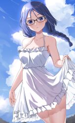 Rule 34 | 1girl, alice gear aegis, as4gi, bare arms, bare shoulders, black-framed eyewear, blue eyes, blue hair, blue sky, braid, breasts, closed mouth, cloud, collarbone, cowboy shot, day, dress, frilled dress, frills, glasses, highres, long hair, looking at viewer, medium breasts, momoshina fumika, outdoors, parted lips, see-through, signature, single braid, skirt hold, sky, sleeveless, sleeveless dress, smile, solo, sundress, thigh gap