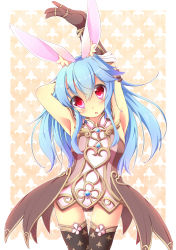 Rule 34 | 1girl, animal ears, armor, armpits, arms behind head, arms up, blue hair, rabbit ears, cowboy shot, elbow gloves, elin, gloves, highres, kt cano, long hair, panties, red eyes, solo, stretching, tera online, thigh gap, thighhighs, underwear