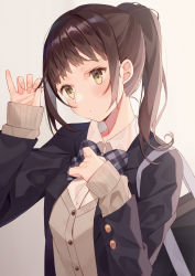 Rule 34 | 1girl, absurdres, arm up, bag, black jacket, blazer, blush, bow, brown background, brown cardigan, brown eyes, brown hair, cardigan, closed mouth, collared shirt, commentary request, dress shirt, grey bow, highres, jacket, long hair, long sleeves, looking away, minasenagi, open clothes, open jacket, original, plaid, plaid bow, ponytail, ruffling hair, school bag, school uniform, shirt, sleeves past wrists, solo, upper body, white shirt