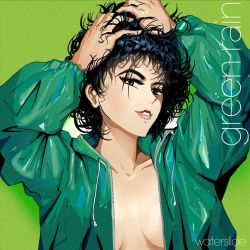 Rule 34 | 1girl, album cover, album cover redraw, animification, black hair, breasts, breasts apart, brown eyes, collarbone, commentary, cover, derivative work, emerald shower, english commentary, green background, green jacket, hair behind ear, hands in hair, jacket, medium breasts, phil dragash, real life, short hair, solo, upper body, yamagata sumiko