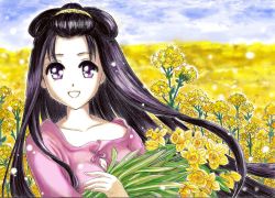Rule 34 | 1girl, artist request, black hair, female focus, flower, kofun period, long hair, nature, original, outdoors, plant, sky, solo, upper body