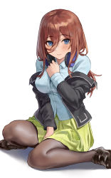 Rule 34 | 1girl, between legs, black footwear, black jacket, black pantyhose, blue eyes, blue shirt, breasts, brown hair, brown pantyhose, closed mouth, commentary request, dot nose, dress shirt, full body, go-toubun no hanayome, green skirt, hair between eyes, hand between legs, hand on own chest, headphones, headphones around neck, highres, jacket, kodak, long hair, looking at viewer, nakano miku, off shoulder, pantyhose, red hair, shadow, shirt, simple background, sitting, skirt, solo, wariza, white background