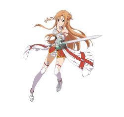 Rule 34 | 1girl, asuna (sao), breasts, brown eyes, brown hair, choker, cleavage, collarbone, detached sleeves, dress, floating hair, full body, holding, holding sword, holding weapon, layered skirt, long hair, medium breasts, purple eyes, skirt, sleeveless, sleeveless dress, smile, solo, sword, sword art online, thigh strap, thighhighs, transparent background, weapon, white skirt, white thighhighs