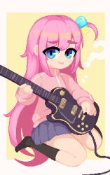 Rule 34 | 1girl, ?, black socks, blue eyes, bocchi the rock!, border, cable, commentary, cube hair ornament, electric guitar, full body, furrowed brow, gotoh hitori, guitar, hair ornament, holding, holding instrument, instrument, jacket, long hair, long sleeves, looking at viewer, minimilieu, miniskirt, music, no shoes, one side up, open mouth, pink jacket, pixel art, playing instrument, pleated skirt, purple skirt, simple background, sitting, skirt, sleeves past wrists, socks, solo, tareme, track jacket, two-tone background, very long hair, wariza, white border, yellow background