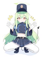 Rule 34 | 1girl, absurdres, armband, belt, black belt, black footwear, black hat, black jacket, black skirt, blue archive, blue armband, blush, buttons, closed mouth, commentary request, demon tail, double-breasted, gloves, green hair, green halo, halo, hands up, hat, high (hgih), highres, hikari (blue archive), jacket, long hair, long sleeves, looking at viewer, miniskirt, pantyhose, peaked cap, pleated skirt, pointy ears, sidelocks, simple background, skirt, solo, spread legs, squatting, tail, tiptoes, white background, white gloves, white pantyhose, wide sleeves, yellow eyes
