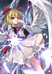 Rule 34 | 1girl, absurdres, arm garter, barefoot, blonde hair, bow, bowtie, dress, electricity, feathered wings, feathers, fingernails, frilled dress, frills, gengetsu (touhou), hair bow, highres, iwashi (nisankatanso), long fingernails, long sleeves, looking at viewer, nail polish, outstretched arm, red bow, red nails, rock, short hair, solo, touhou, touhou (pc-98), white wings, wings, yellow eyes
