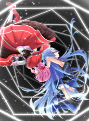 Rule 34 | 2girls, alg-rhythm, arm up, armpits, blue eyes, blue hair, boots, capelet, closed mouth, dbg-code, dress, frilled boots, frills, from side, full body, hair ribbon, high heels, legs up, long hair, long sleeves, multiple girls, official art, pink hair, profile, red eyes, red footwear, red ribbon, red skirt, reverse x reverse, ribbon, rotational symmetry, shirt, shoes, shorts, sideways mouth, skirt, skirt hold, sleeveless, sleeveless dress, smile, takana (srplus), thigh boots, thighhighs, two side up, very long hair, white legwear, white shirt, white shorts