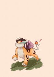Rule 34 | animal focus, artist name, commentary request, creatures (company), dedenne, game freak, gen 2 pokemon, gen 6 pokemon, highres, legendary pokemon, long hair, mouse, nintendo, no humans, on grass, pokemon, pokemon (creature), purple hair, raikou, red eyes, sabretooth tiger, simple background, tail, twitter username, white background, zozozoshion