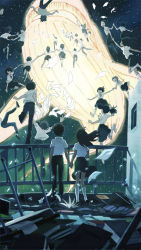 Rule 34 | 6+boys, 6+girls, arai youjirou, arms at sides, back, blouse, chair, clothes lift, desk, floating, flying, flying whale, glowing, holding hands, kneehighs, leaning to the side, multiple boys, multiple girls, original, outdoors, school chair, school desk, school uniform, shirt, shirt lift, sky, socks, standing, star (sky), starry sky, whale, white legwear, white shirt