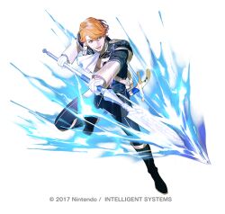 1boy aura belt boots copyright_notice epaulettes ferdinand_von_aegir fire_emblem fire_emblem:_three_houses fire_emblem_heroes full_body garreg_mach_monastery_uniform gloves japants male_focus nintendo official_art open_mouth orange_eyes orange_hair polearm solo sparkle spear teeth weapon white_background