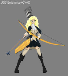 Rule 34 | 10s, 1girl, aceofspudz, american revolution, arrow (projectile), big hair, blonde hair, blue coat, blue skirt, boots, bow, character name, clover, coat, green eyes, grey background, grey theme, highres, kantai collection, long hair, military, military vehicle, original, personification, ship, simple background, skirt, smirk, solo, thighhighs, uss enterprise (cv-6), warship, watercraft