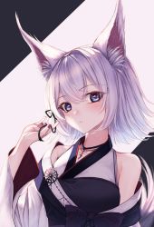 Rule 34 | 1girl, absurdres, alba mofu, amane utata, animal ears, blue eyes, fox ears, fox girl, highres, japanese clothes, kimono, looking at viewer, looking to the side, pale skin, seventh happiness, solo, virtual youtuber, white hair