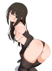 Rule 34 | 1girl, absurdres, all fours, ass, bikini, black bikini, black choker, black gloves, black hair, blush, breasts, choker, closed mouth, covered erect nipples, ear piercing, elbow gloves, furrowed brow, gloves, green eyes, highres, idolmaster, idolmaster cinderella girls, looking at viewer, looking back, micro bikini, piercing, seihekiog, shibuya rin, side-tie bikini bottom, simple background, small breasts, solo, strap gap, sweatdrop, swimsuit, thighs, twisted torso, wavy mouth, white background