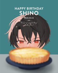 Rule 34 | 1boy, 2020, black hair, blue background, blush, character name, covered mouth, dated, food, happy birthday, highres, looking ahead, mahoutsukai no yakusoku, male focus, pie, piza-chan, red eyes, shino sherwood, short hair, solo, table