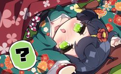 Rule 34 | 1girl, ?, arms up, black hair, blush, breasts, chibi, cleavage, commentary request, cup, drooling, floral print, green eyes, green kimono, highres, holding, japanese clothes, kimono, kotatsu, kyoumachi seika, large breasts, long sleeves, looking at viewer, lying, milkpanda, mouth drool, nose blush, on back, open mouth, print kimono, sakazuki, sleeves past wrists, solo, spoken question mark, table, under kotatsu, under table, voiceroid, wide sleeves