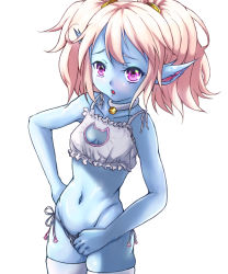 Rule 34 | 1girl, animification, bell, blue skin, blush, breasts, cat cutout, cat ear panties, cat lingerie, cleavage cutout, clothing cutout, colored skin, jingle bell, league of legends, meme attire, midriff, nakatokung, navel, panties, pointy ears, poppy (league of legends), purple eyes, side-tie panties, small breasts, solo, twintails, underwear, white hair, yordle