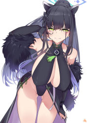 Rule 34 | 1girl, animal ears, bare shoulders, black hair, blue archive, blush, breasts, cleavage, coat, collarbone, feather boa, fur, fur-trimmed coat, fur-trimmed jacket, fur-trimmed sleeves, fur collar, fur trim, gloves, gluteal fold, green eyes, highleg, highres, jacket, keyfanjun, large breasts, leaning forward, long hair, looking at viewer, shun (blue archive), simple background, smile, solo, thighs, white background