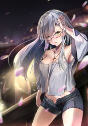 Rule 34 | 1girl, absurdres, bare shoulders, breasts, casual, cherry blossoms, cleavage, collarbone, cowboy shot, cross, cross necklace, girls&#039; frontline, glasses, hair ornament, hairpin, hand up, highres, hk416 (girls&#039; frontline), jewelry, legs apart, long hair, medium breasts, necklace, night, night sky, off-shoulder shirt, off shoulder, outdoors, purple-framed eyewear, septet (zrca janne), shirt, short shorts, shorts, silver hair, sky, solo, unbuttoned, yellow eyes
