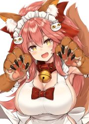 Rule 34 | 1girl, :d, animal ear fluff, animal ears, animal hands, apron, arm garter, armpits, arms up, back bow, bare shoulders, bell, blush, bow, breasts, buckle, cat hair ornament, claws, cleavage, collar, commentary request, fangs, fate/grand order, fate (series), fox ears, fox girl, fox tail, frills, gloves, hair bow, hair ornament, head tilt, highres, jingle bell, large breasts, long hair, looking at viewer, maid apron, mitsukazu (nijigen complex), naked apron, open mouth, paw gloves, pink hair, ponytail, red bow, ringed eyes, sideboob, simple background, skin fangs, smile, solo, tail, tamamo (fate), tamamo cat (fate), tamamo cat (third ascension) (fate), upper body, white background, white bow, yellow eyes