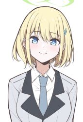 Rule 34 | 1girl, blazer, blonde hair, blue necktie, blush, closed mouth, commentary, green halo, grey jacket, hair ornament, hairclip, halo, highres, jacket, long sleeves, looking at viewer, necktie, original, reia 76, short hair, simple background, smile, solo, white background