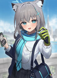 Rule 34 | 1girl, absurdres, animal ear fluff, animal ears, doodle sensei (blue archive), bag, blue archive, blue eyes, blue jacket, blue necktie, blue scarf, breast pocket, cellphone, cross hair ornament, earphones, extra ears, gloves, green gloves, grey hair, hair ornament, halo, headphones, highres, holding, holding earphones, jacket, looking at viewer, medium hair, mismatched pupils, nano (nandemo note31), necktie, open clothes, open jacket, open mouth, phone, plaid, plaid skirt, pleated skirt, pocket, scarf, school bag, school uniform, sensei (blue archive), shiroko (blue archive), shirt, shirt tucked in, shoulder bag, single earphone removed, single glove, skirt, smartphone, solo, white shirt, wolf ears