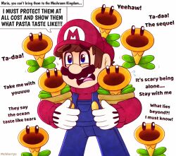 Rule 34 | 1boy, 6+girls, blue eyes, brown hair, flower, gloves, hat, highres, holding, looking at viewer, mario, mario (series), mcblurryz, multiple girls, nintendo, open mouth, overalls, speech bubble, standing, super mario bros. wonder, talking, talking flower (mario), worried