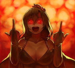 Rule 34 | 1girl, :d, aged up, bad id, bad pixiv id, breasts, bridal gauntlets, cleavage, double middle finger, elbow gloves, explosion, family computer robot, final fantasy, final fantasy iv, fire, gloves, glowing, glowing eyes, green hair, hair ornament, large breasts, long hair, meme, middle finger, neta, open mouth, parody, red eyes, rydia (ff4), shiny skin, smile, solo, takeda kanryuusai