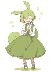 Rule 34 | 1girl, :d, absurdres, blush, closed eyes, collared shirt, dot nose, dress, facing viewer, frilled dress, frills, full body, green dress, green footwear, green hair, head tilt, highres, long dress, long hair, long sleeves, low-tied long hair, open mouth, own hands together, pinafore dress, shadow, shirt, shoes, sidelocks, simple background, sleeveless, sleeveless dress, smile, socks, solo, standing, voicevox, white background, white shirt, white socks, zundamon, zunmut