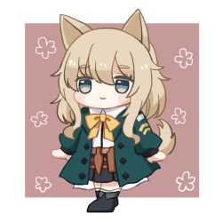 Rule 34 | 1girl, animal ears, arknights, black footwear, black skirt, blue eyes, blush stickers, boots, bow, brown background, brown hair, chibi, closed mouth, collared shirt, dog ears, dog girl, dog tail, dress shirt, full body, green jacket, hair between eyes, jacket, long hair, long sleeves, open clothes, open jacket, pleated skirt, podenco (arknights), puffy long sleeves, puffy sleeves, shirt, skirt, smile, solo, someyaya, standing, tail, thick eyebrows, two-tone background, white background, white shirt, yellow bow