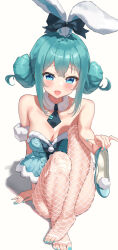 Rule 34 | 1girl, alternate costume, animal ears, aqua footwear, aqua nails, arm strap, arm support, bicute bunnies miku, blue bow, blue eyes, blue necktie, blush, bow, breasts, cleavage, collarbone, commentary, crossed bangs, detached collar, dress, ear bow, eyelashes, fake animal ears, feet, fishnet pantyhose, fishnets, fur-trimmed dress, fur trim, hand up, hatsune miku, high heels, highres, holding, holding clothes, holding footwear, knees up, legs, legs together, looking at viewer, mao (mawodec), medium breasts, nail polish, necktie, no shoes, open mouth, pantyhose, rabbit ears, shiny skin, shoes, unworn shoes, sidelocks, sitting, solo, strapless, strapless dress, toeless legwear, toenail polish, toenails, toes, two side up, vocaloid