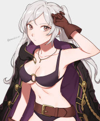 Rule 34 | 1girl, belt, belt buckle, bikini, breasts, brown belt, brown eyes, brown gloves, buckle, cleavage, cloak, collarbone, commentary request, fire emblem, fire emblem awakening, fire emblem heroes, gloves, grey background, highres, hood, hooded cloak, jewelry, long hair, looking at viewer, medium breasts, navel, necklace, nintendo, o-ring, o-ring bikini, official alternate costume, peach11 01, purple bikini, robin (female) (fire emblem), robin (fire emblem), simple background, solo, stomach, swept bangs, swimsuit, twintails, twitter username