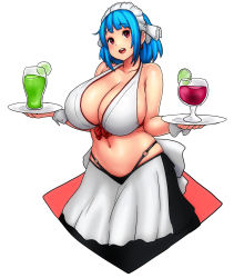 Rule 34 | 1girl, absurdres, apron, bare shoulders, blue hair, bow, breasts, cleavage, cowboy shot, cup, drink, erkaz, highres, holding, huge breasts, medium hair, midriff, navel, original, red bow, red eyes, rina atherina, simple background, sleeveless, solo, white apron, white background
