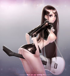 Rule 34 | 1girl, ass, between legs, breasts, brown eyes, brown hair, cropped jacket, crotch rub, earrings, guitar, instrument, jacket, jewelry, large breasts, leather, leather jacket, long hair, nipples, no bra, no panties, open clothes, original, punk, skirt, spikes, zhang wei yi