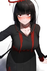 Rule 34 | 1girl, black hair, black shirt, black skirt, blue archive, blunt bangs, blush, breasts, choker, cleavage, closed mouth, collarbone, commentary request, halo, highres, large breasts, long hair, long sleeves, looking at viewer, loose neckwear, neck ribbon, nose blush, pleated skirt, red eyes, red neckwear, sailor collar, school uniform, senju (snz0), serafuku, shirt, skirt, skirt set, sleeve cuffs, smile, solo, sweat, tsurugi (blue archive), undone neck ribbon