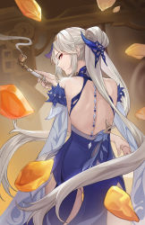 Rule 34 | 1girl, absurdres, bare back, commentary request, detached sleeves, from behind, genshin impact, grey hair, hair ornament, head tilt, highres, holding, holding smoking pipe, lan xiezi, long hair, looking at viewer, looking back, low twintails, ningguang (genshin impact), ningguang (orchid&#039;s evening gown) (genshin impact), official alternate costume, parted bangs, red eyes, shoulder blades, sidelocks, smile, smoking pipe, solo, twintails
