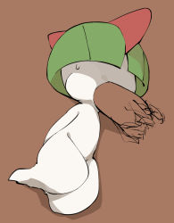 Rule 34 | 1girl, arms behind back, brown background, cheek bulge, creatures (company), disembodied penis, erection, fellatio, full body, game freak, gen 3 pokemon, green hair, hair over eyes, highres, lying, nintendo, no humans, on side, oral, penis, pokemon, pokemon (creature), pokemon rse, pubic hair, ralts, short hair, simple background, solo, sweat, uncensored, youjo modoki