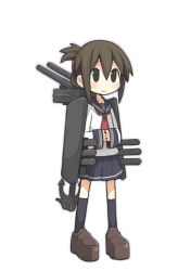 10s 1girl anchor brown_eyes brown_hair female_focus folded_ponytail inazuma_(kancolle) kantai_collection kohinata_sora long_sleeves machinery ship_turret sleeves_past_wrists smile solo