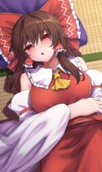 Rule 34 | 1girl, arm under breasts, ascot, bare shoulders, blush, bow, brown hair, commentary, cowboy shot, detached sleeves, frilled bow, frilled hair tubes, frilled shirt collar, frills, hair between eyes, hair bow, hair spread out, hair tubes, hakurei reimu, head on pillow, head tilt, highres, huge bow, indoors, long hair, long sleeves, looking at viewer, lying, on back, open mouth, pillow, red bow, red eyes, red shirt, red skirt, shirt, sidelocks, skirt, sleepy, sleeveless, sleeveless shirt, solo, straight hair, tatami, touhou, wide sleeves, yellow ascot, yosshy