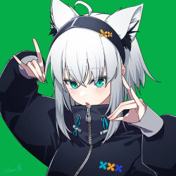 Rule 34 | 1girl, ahoge, alternate hair length, alternate hairstyle, animal ear fluff, animal ears, black hairband, black jacket, blush, commentary request, crossed bangs, fox ears, fox shadow puppet, green background, green eyes, hairband, hands up, highres, hololive, jacket, long sleeves, looking at viewer, official alternate costume, open mouth, puffy long sleeves, puffy sleeves, shirakami fubuki, shirakami fubuki (loungewear), short hair, simple background, totoro (hirohero24), upper body, virtual youtuber
